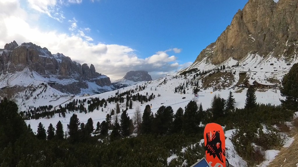 A view of a distant Passo Gardena